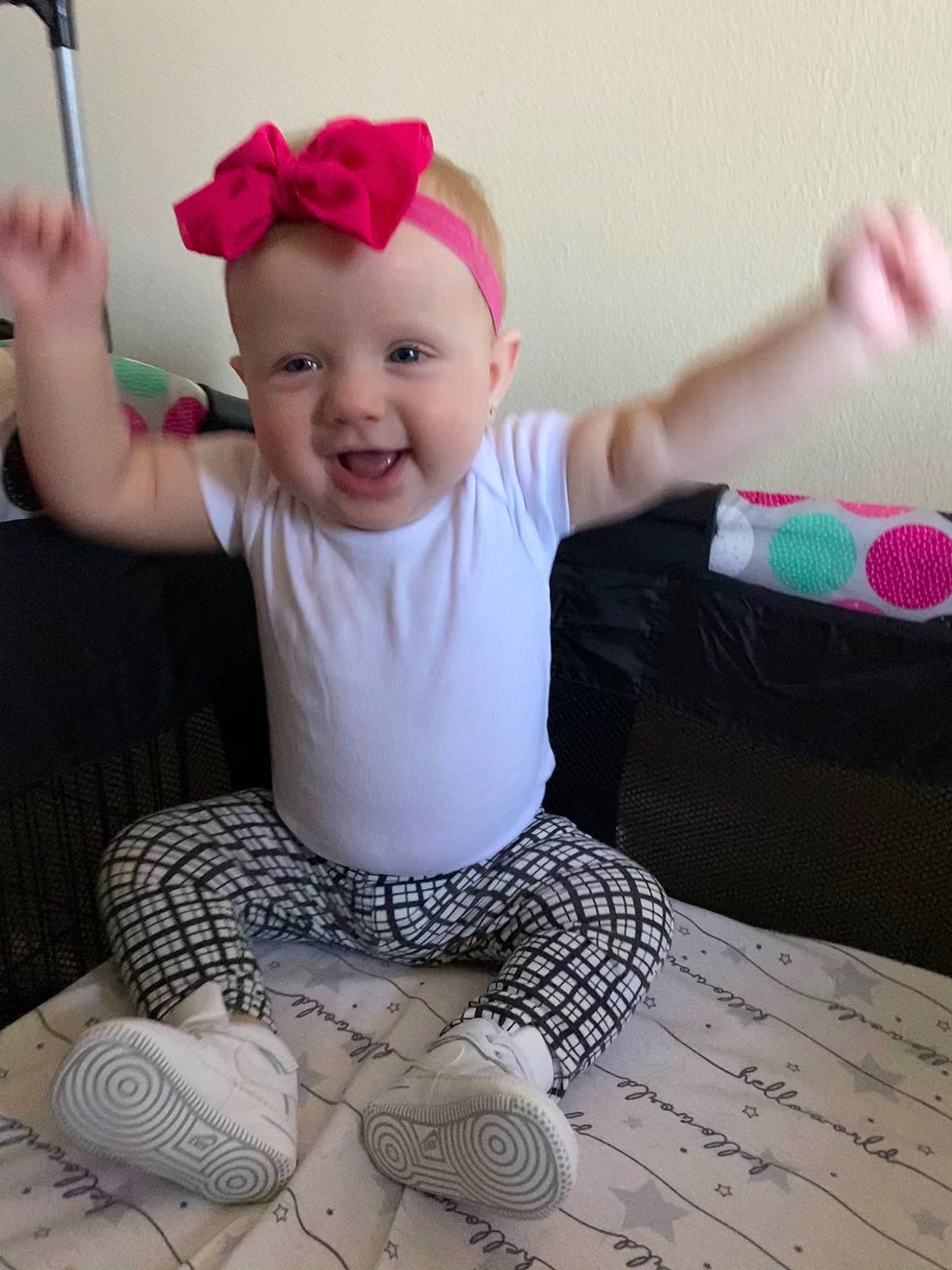 Kenzley joined the competition — help win amazing prizes! arm, baby, baby_laughing, baby_toddler_clothing, child, costume_accessory, finger, hair_accessory, hand, handwriting, happy, headband, headpiece, headwear, laugh, magenta, nose, person, pink, play