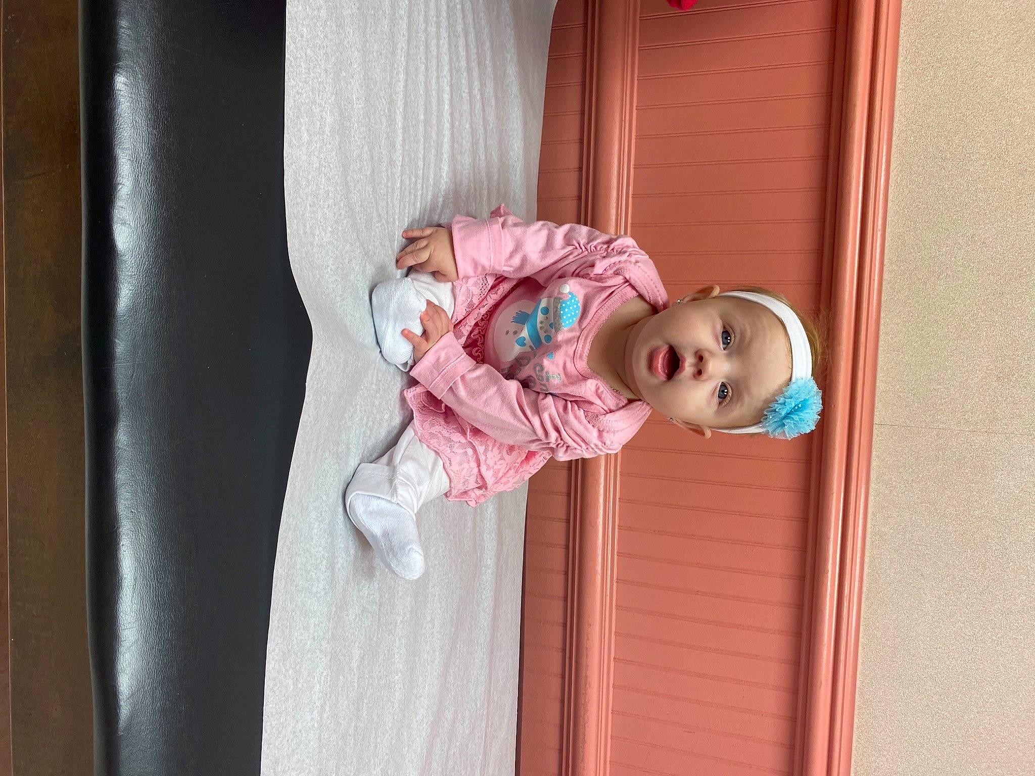 Kenzley joined the competition — help win amazing prizes! baby, baby_toddler_clothing, cheek, child, mouth, nose, peach, person, pink, surprise, toddler