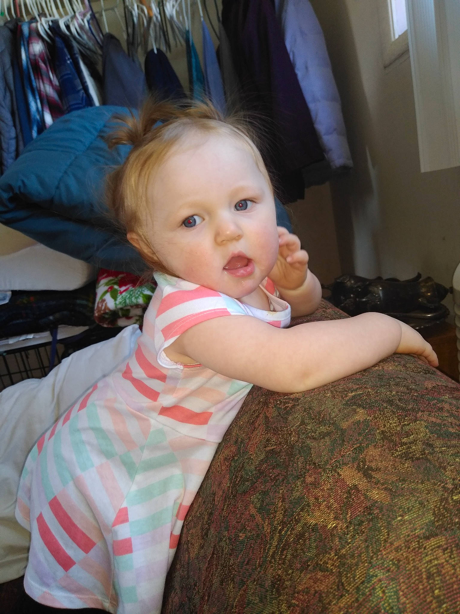 Emma is registered to the contest to win money with this photo: baby, cheek, child, eye, person, skin, surprise, toddler