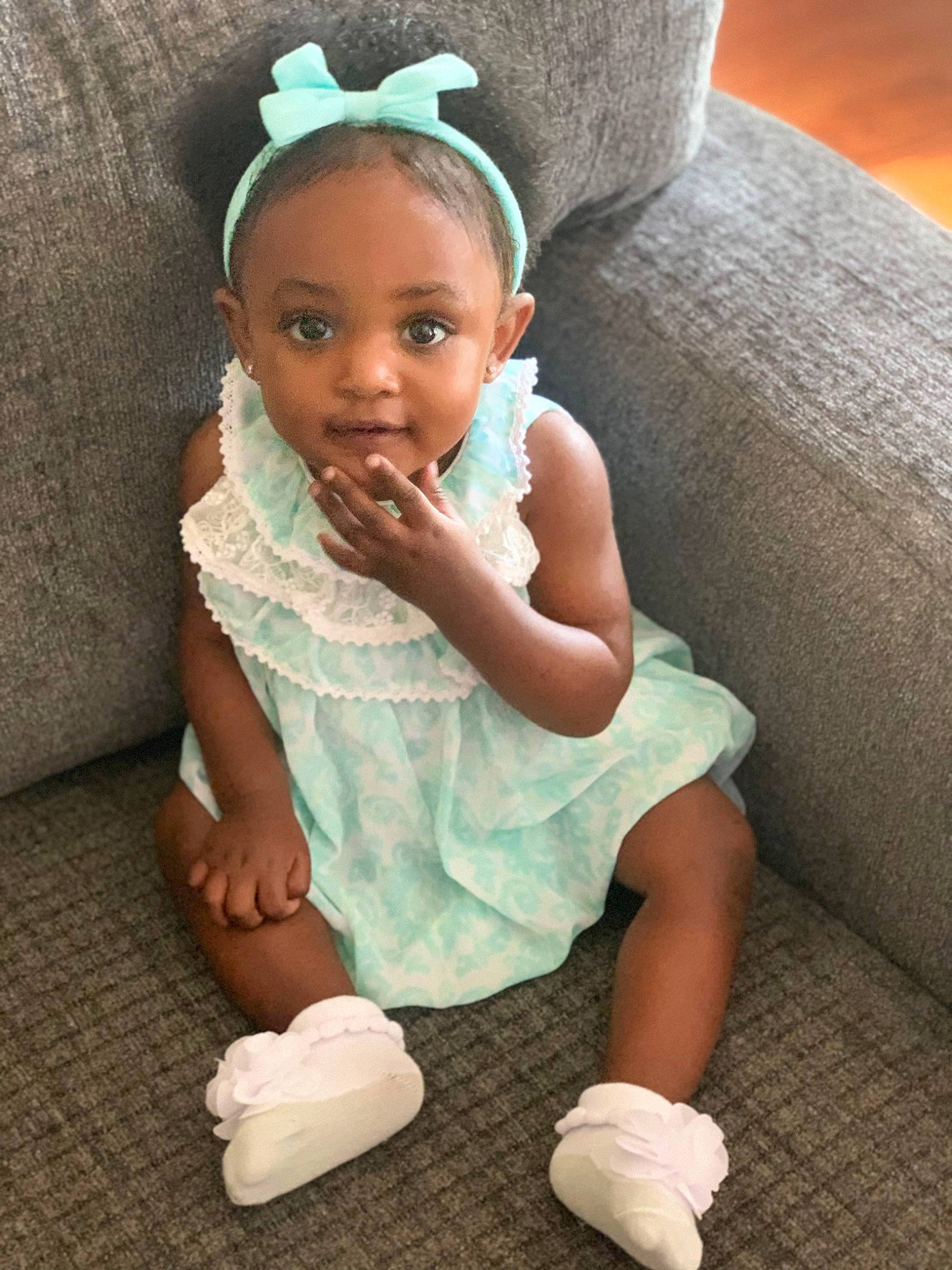 Madyson is registered to the contest to win money with this photo: baby, baby_toddler_clothing, cheek, dress, eye, face, finger, flash_photography, gesture, hand, happy, head, human_body, iris, joint, leg, neck, organ, person, skin