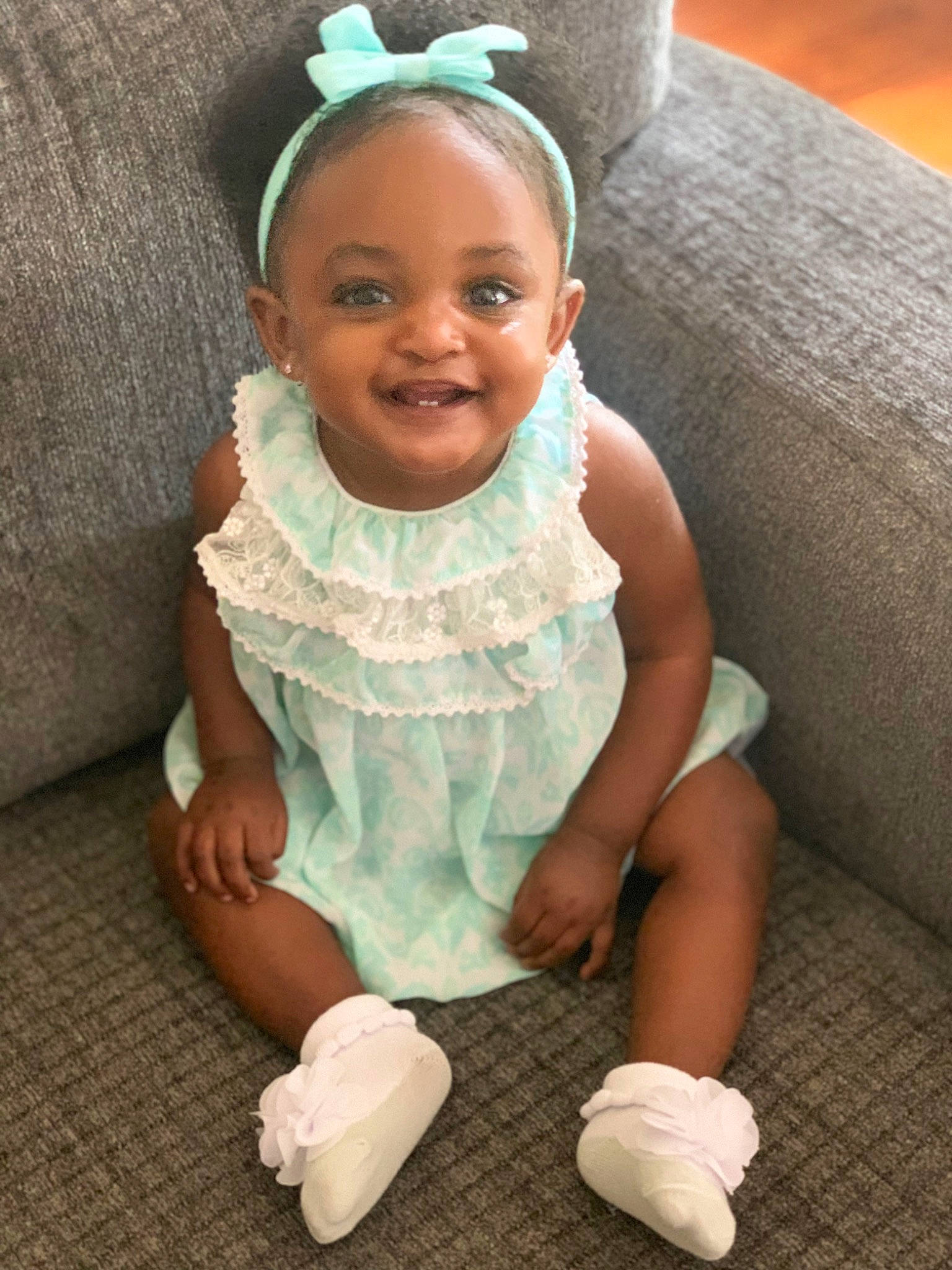 Madyson joined the competition — help win amazing prizes! baby, baby_toddler_clothing, eye, face, facial_expression, finger, flooring, fun, grass, hairstyle, happy, head, headgear, headpiece, human_body, iris, joy, person, skin, smile