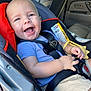 baby, blue_shirt, car_interior, car_seat, child, cute, daylight, hands, happy, infant, person, portrait, safety, seat, seatbelt, shorts, smile, teether, window, young