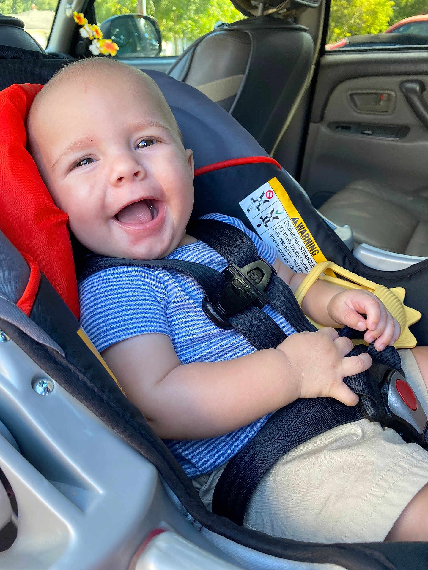 Leo Curtis is registered to the contest to win money with this photo: baby, blue_shirt, car_interior, car_seat, child, cute, daylight, hands, happy, infant, person, portrait, safety, seat, seatbelt, shorts, smile, teether, window, young