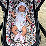 Freya joined the competition — help win amazing prizes! baby, infant, stroller, onesie, hat, pacifier, baby_socks, patterned_fabric, outdoor, person, cute, child, lying_down, baby_accessory, colorful, small_child, calm_expression, frilly_socks, baby_toys, closeup