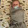 baby, pacifier, swaddle, blanket, infant, animal_print, giraffe, lion, elephant, hippo, pattern, sleeping_area, cute, child, toddler, lying_down, gray_clothing, nursery, soft, calm