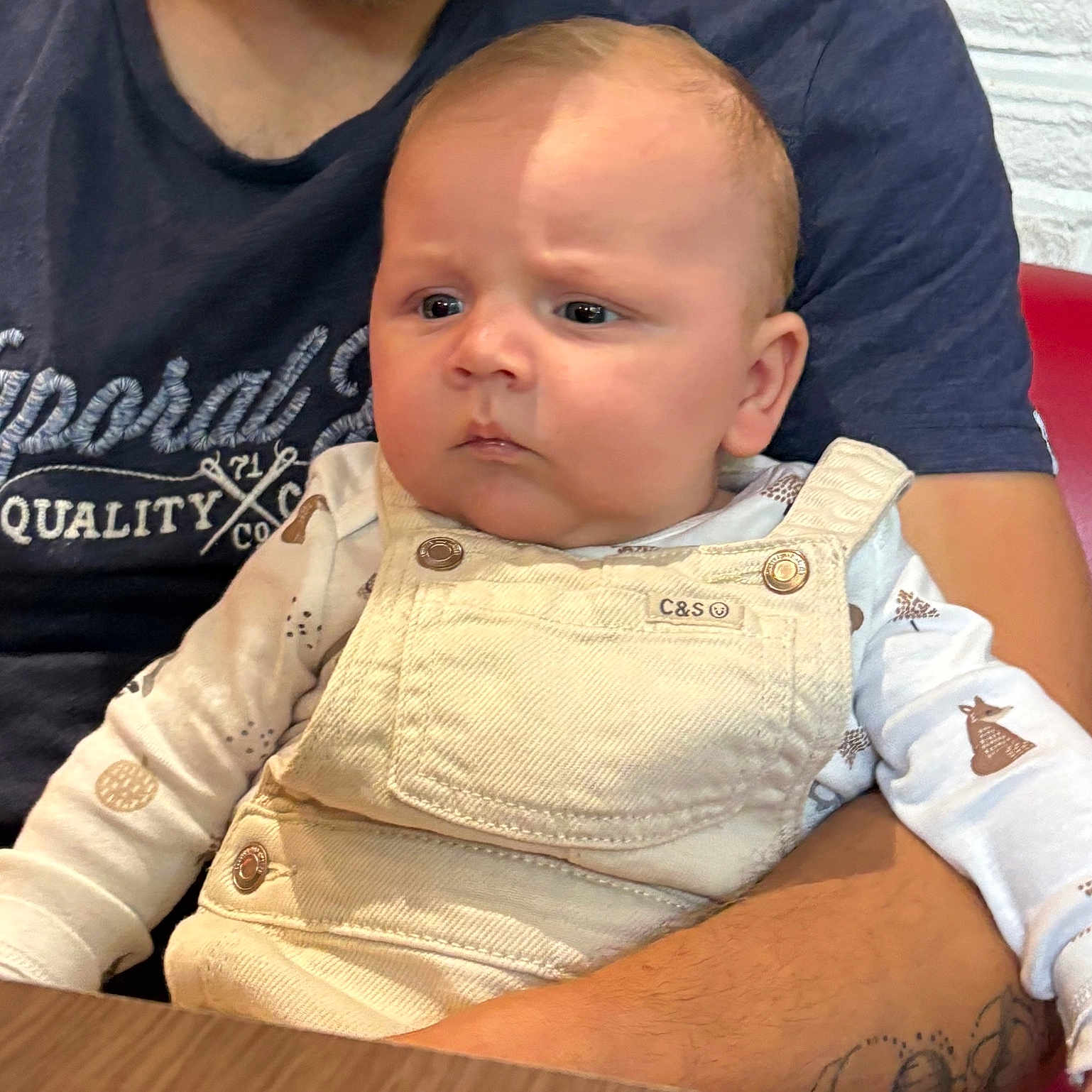 Kaïdo participe au concours pour gagner de l'argent avec cette photo : adult, arm, baby, casual, child, clothing, expression, face, holding, indoor, infant, long_sleeve, overalls, pattern, person, seated, sitting, skin, table, tattoo