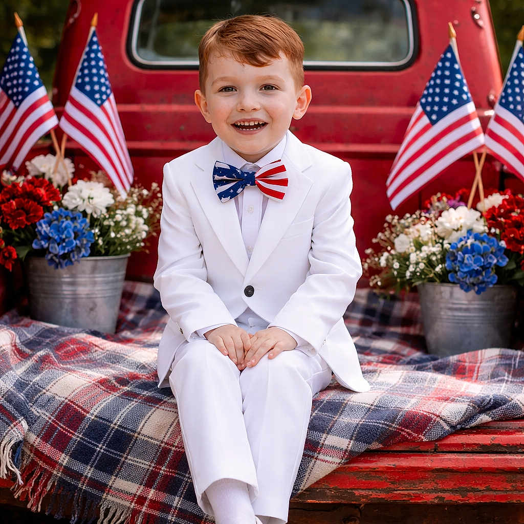 Remington joined the competition — help win amazing prizes! child, boy, white_suit, bow_tie, american_flag, red_truck, plaid_blanket, flowers, patriotic, outdoor, smiling, portrait, sitting, celebration, nature, grass, vintage_vehicle, happy, casual, cute
