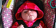 Aydin is registered to the contest to win money with this photo: baby, child, car_seat, hood, red_clothing, infant, seatbelt, patterned_fabric, indoor, cute, face, person, young_child, hands, straps, closeup, child_in_car_seat, baby_clothes, expression, sitting