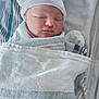 newborn, baby, sleeping, blanket, hat, striped, hospital, towel, wrapped, infant, peaceful, face, headwear, cute, child, portrait, closeup, soft, resting, indoors