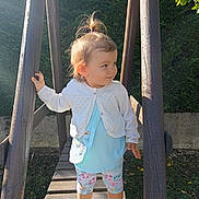 Alycia participe au concours pour gagner de l'argent avec cette photo : blue_top, child, curious, daylight, floral_leggings, garden, greenery, handrail, nature, outdoor, person, playground, pony_tail, smile, sneakers, standing, sunlight, toddler, white_cardigan, wooden_bridge
