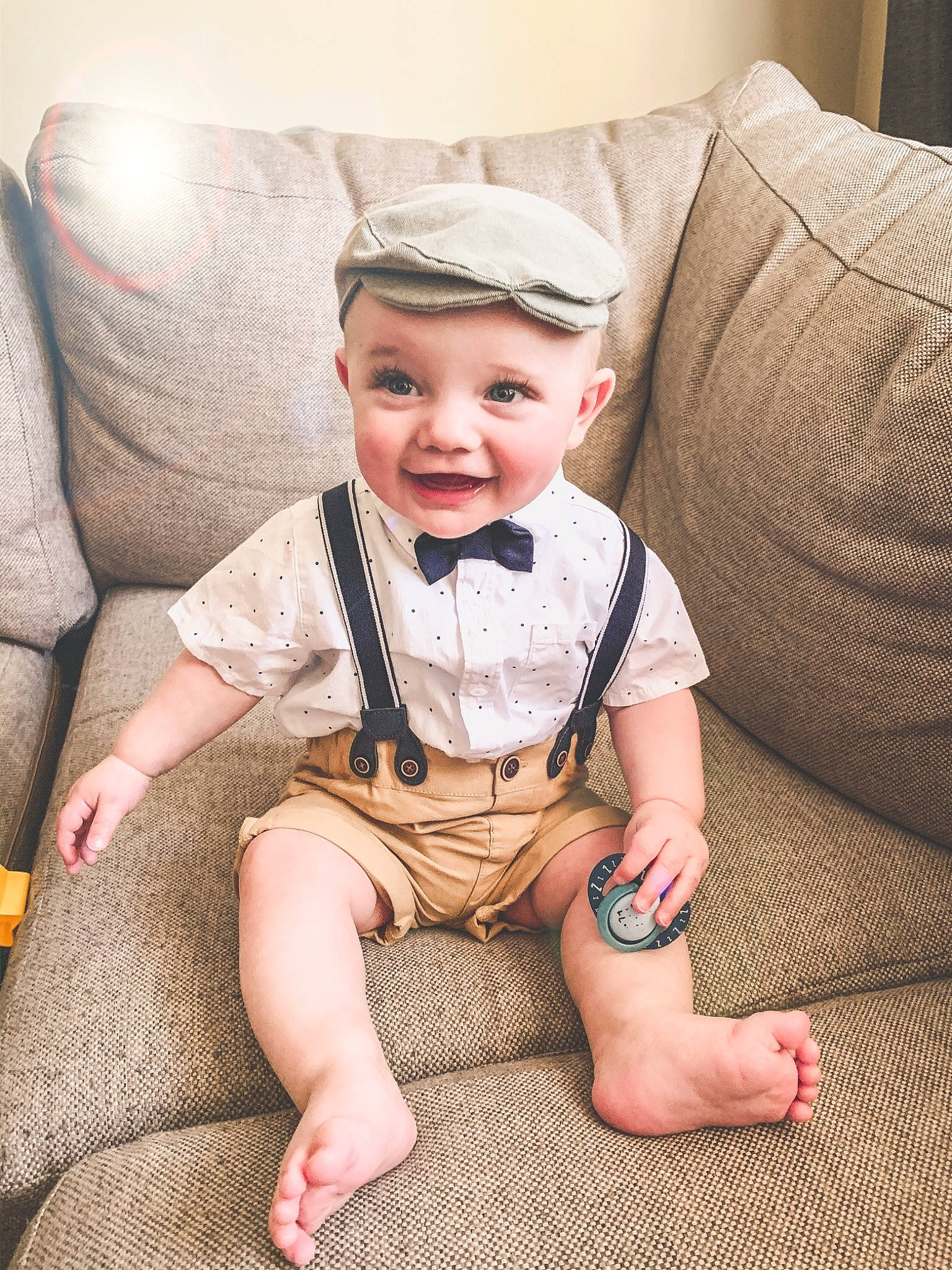 Brock joined the competition — help win amazing prizes! baby, child, furniture, head, headwear, joy, leg, person, product, room, sitting, skin, smile, t_shirt, toddler, vacation