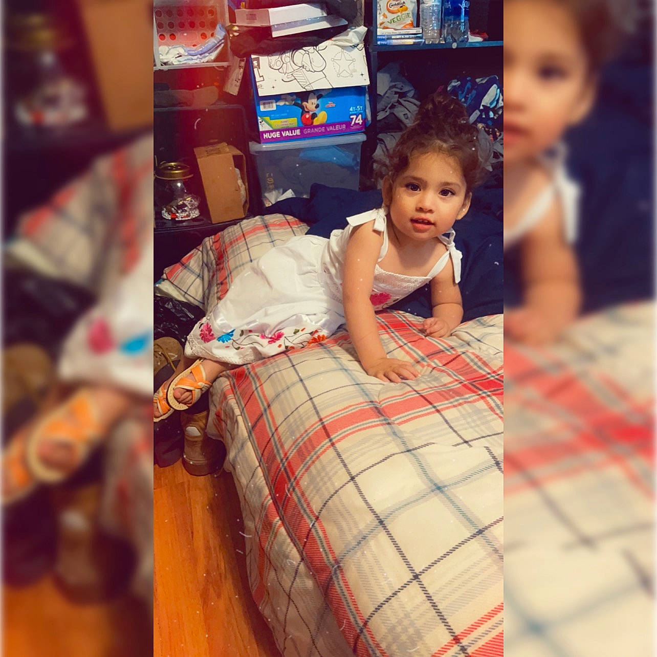 Elaina is registered to the contest to win money with this photo: brown_hair, doll, fashion_accessory, fashion_design, happy, human_leg, linens, long_hair, pattern, person, plaid, room, sitting, street_fashion, t_shirt, tartan, textile, thigh, toddler, toy