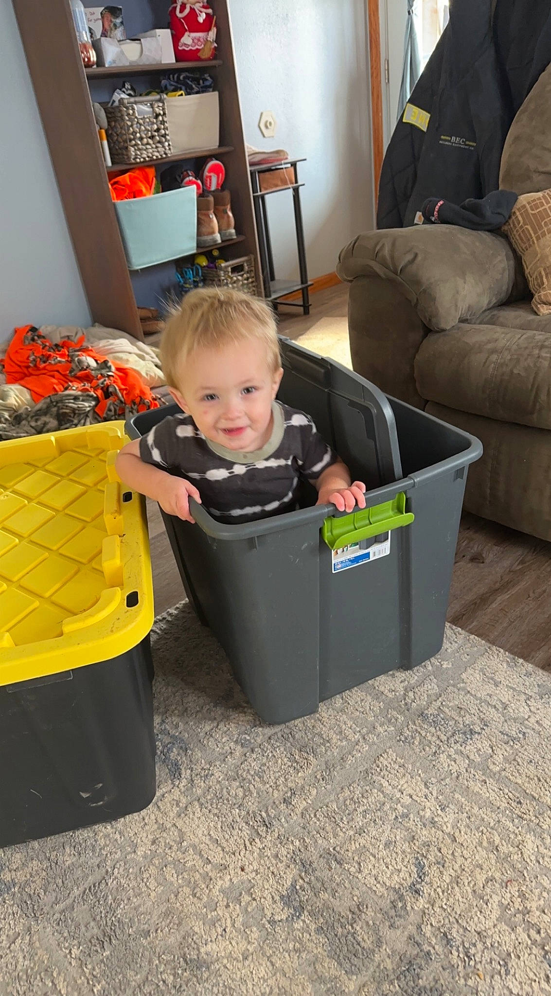 Holden joined the competition — help win amazing prizes! baby, baby_products, baby_toddler_clothing, cart, child, comfort, couch, floor, flooring, fun, joy, person, picture_frame, plastic, play, room, sitting, smile, studio_couch, tire