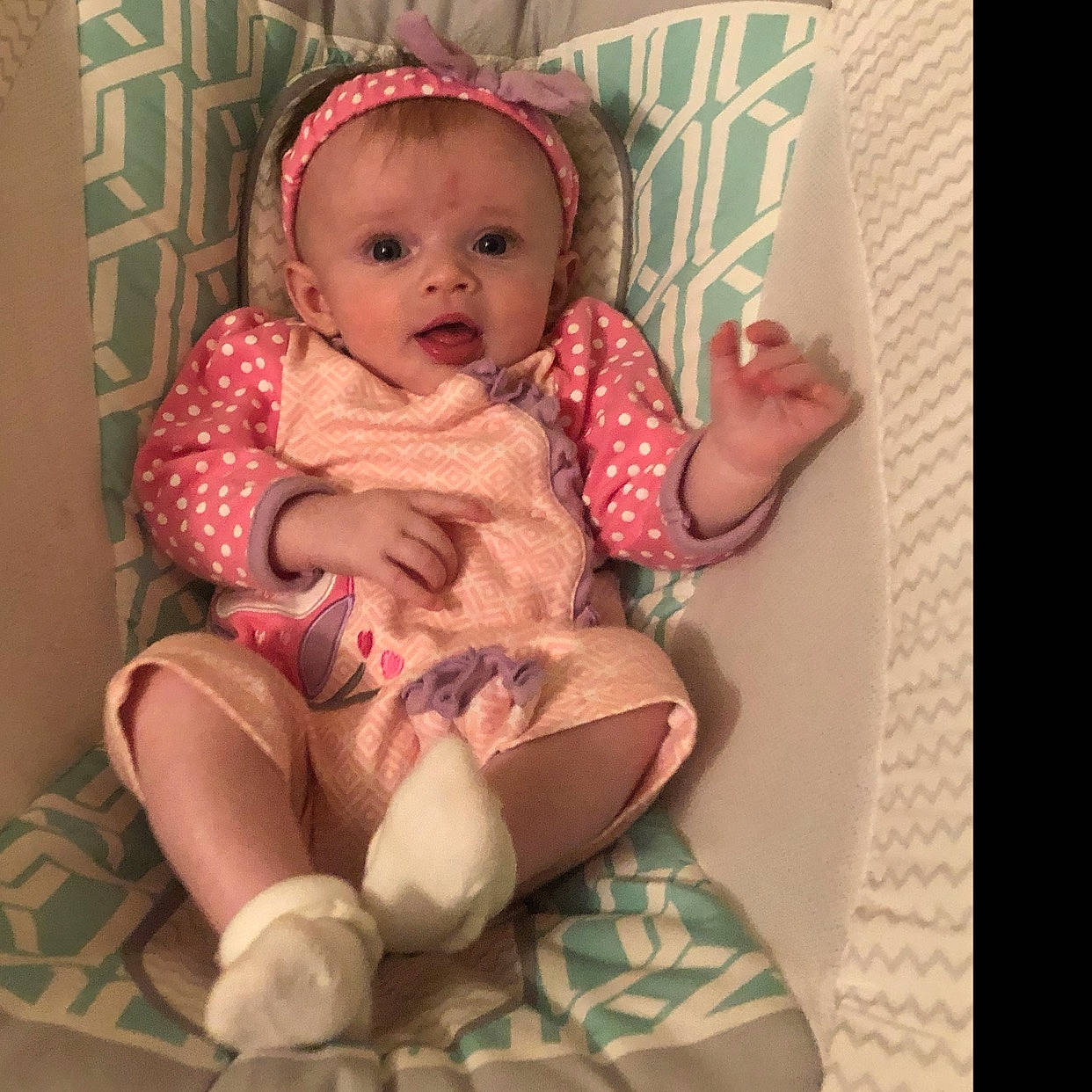 Arina joined the competition — help win amazing prizes! baby, baby_products, baby_toddler_clothing, cheek, child, eye, hair_accessory, head, person, pink, product, sitting, skin, smile, toddler