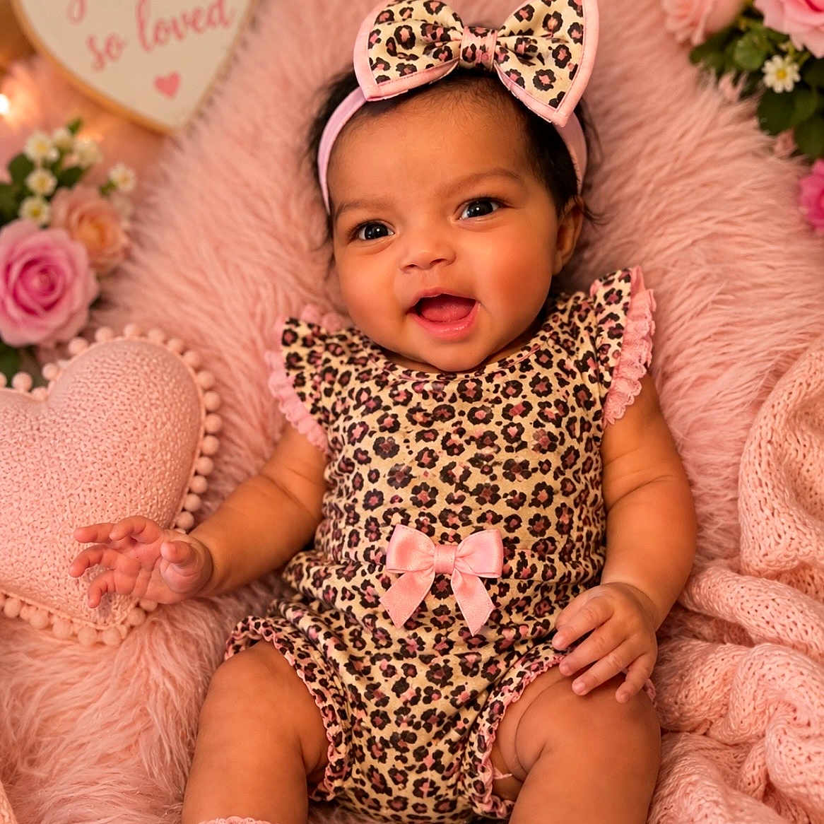 Gianna joined the competition — help win amazing prizes! baby, child, infant, portrait, smiling, sitting, bow, headband, leopard_print, outfit, pink, blanket, fluffy, flowers, roses, heart, decor, cozy, indoor, photography