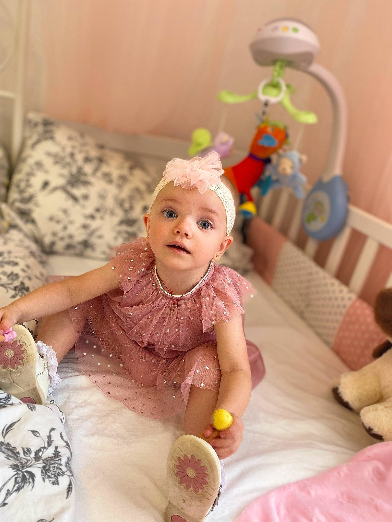 Daria joined the competition — help win amazing prizes! baby, bed, child, doll, face, happy, head, headwear, person, pink, play, room, skin, smile, surprise, toddler, toy
