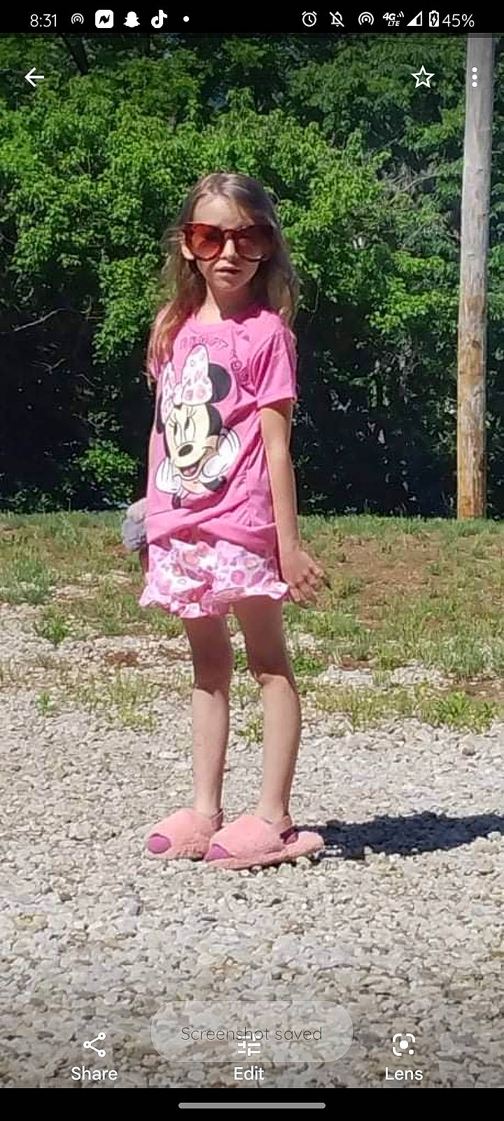 Kathryn joined the competition — help win amazing prizes! bag, barefoot, clothing, eyewear, fawn, grass, human_leg, knee, leisure, long_hair, magenta, pattern, person, pink, plant, sleeve, sunglasses, t_shirt, thigh, tree