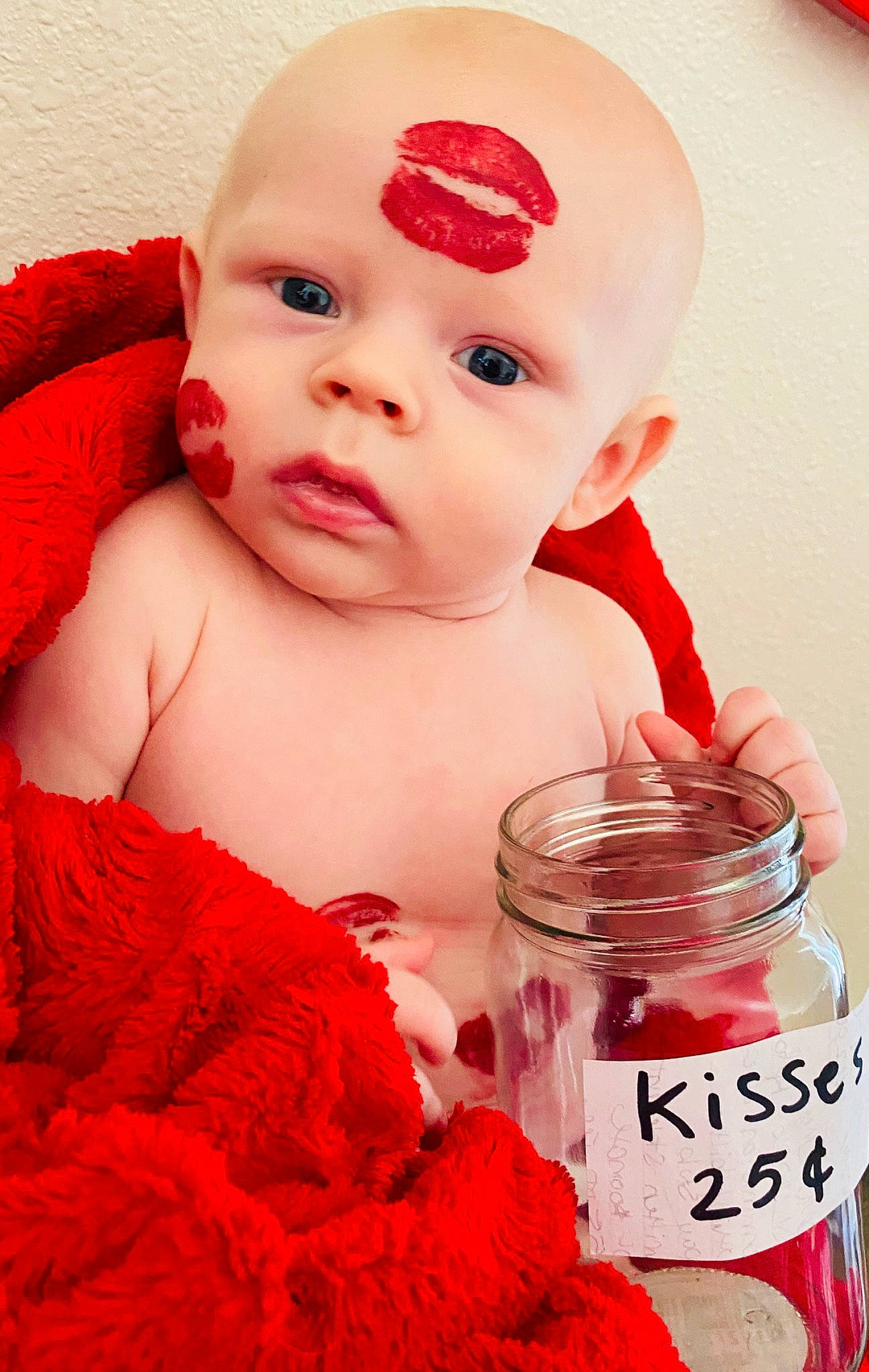 Bubby is registered to the contest to win money with this photo: baby, baby_products, cheek, child, drinkware, eye, face, head, headwear, lip, mouth, nose, person, product, red, skin, smile, toddler