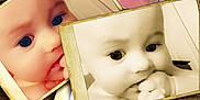 Bella is registered to the contest to win money with this photo: baby, infant, child, face, finger, hand, photograph, vintage_frame, wooden_surface, collage, black_and_white, sepia, color_filter, cute, closeup, portrait, expression, indoors, skin, eyes
