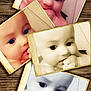 baby, infant, child, face, finger, hand, photograph, vintage_frame, wooden_surface, collage, black_and_white, sepia, color_filter, cute, closeup, portrait, expression, indoors, skin, eyes