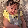 Miyah is registered to the contest to win money with this photo: baby, baby_girl, child, closeup, crown, cute, face, happy, headwear, indoors, infant, patterned_fabric, person, playful, portrait, safety_strap, seat, smile, soft_lighting, yellow_clothing