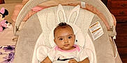 Akirra is registered to the contest to win money with this photo: baby, baby_rocker, bedroom, bunny_ears, carpet, child, cute, dresser, face, floor, furniture, indoor, infant, minnie_mouse, onesie, person, pink, plush_toy, white_clothing, wooden_headboard