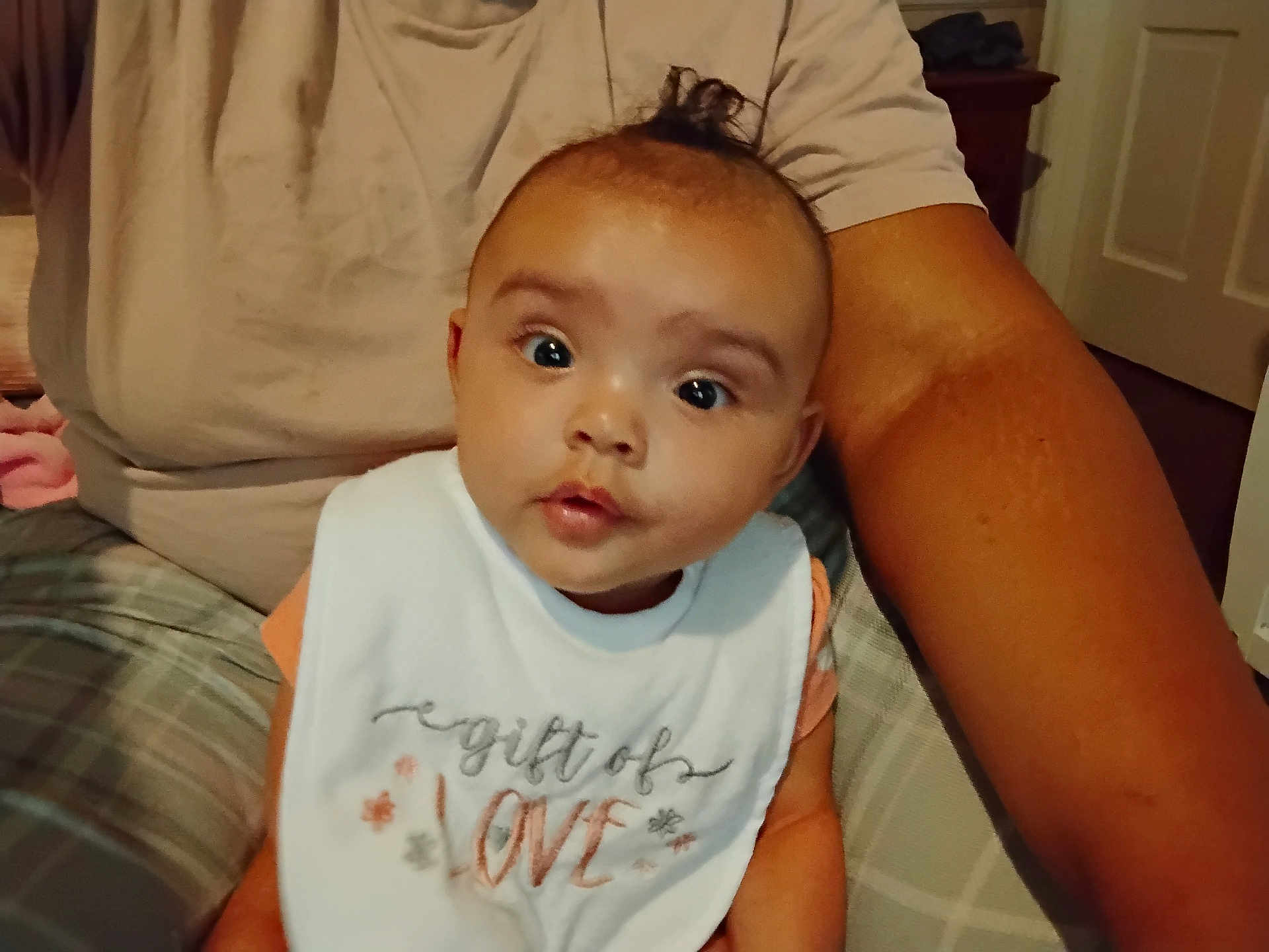 Akirra is registered to the contest to win money with this photo: baby, infant, bib, child, person, indoor, curious, wide_eyes, hair_tuft, sitting, adult_arm, plaid_pants, shirt, love_text, face, skin, cute, expression, closeup, family