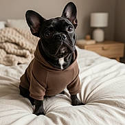 Yak joined the competition — help win amazing prizes! dog, french_bulldog, puppy, black_dog, hoodie, bed, blanket, indoor, pet, cute, animal, furniture, lamp, nightstand, cozy, portrait, sitting, soft_light, bedroom, young_dog