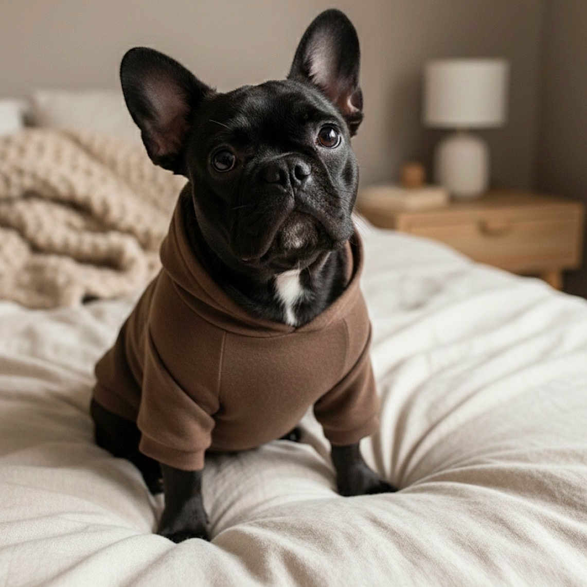 Yak joined the competition — help win amazing prizes! animal, bed, bedroom, black_dog, blanket, cozy, cute, dog, french_bulldog, furniture, hoodie, indoor, lamp, nightstand, pet, portrait, puppy, sitting, soft_light, young_dog