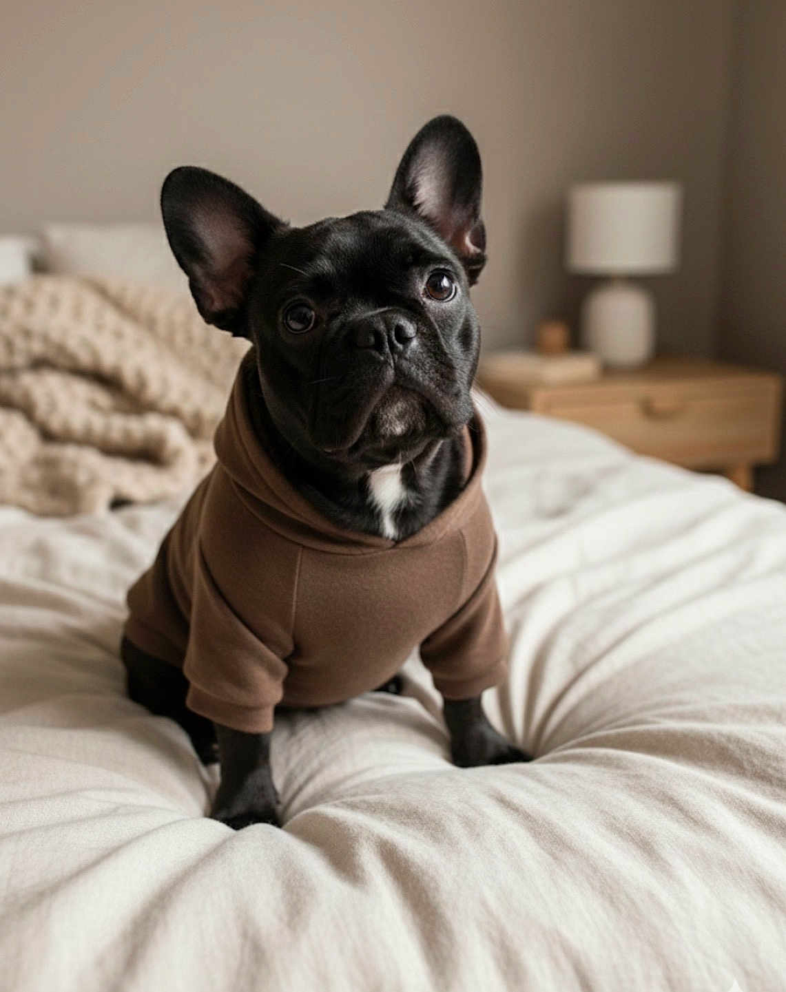 Yak joined the competition — help win amazing prizes! dog, french_bulldog, puppy, black_dog, hoodie, bed, blanket, indoor, pet, cute, animal, furniture, lamp, nightstand, cozy, portrait, sitting, soft_light, bedroom, young_dog