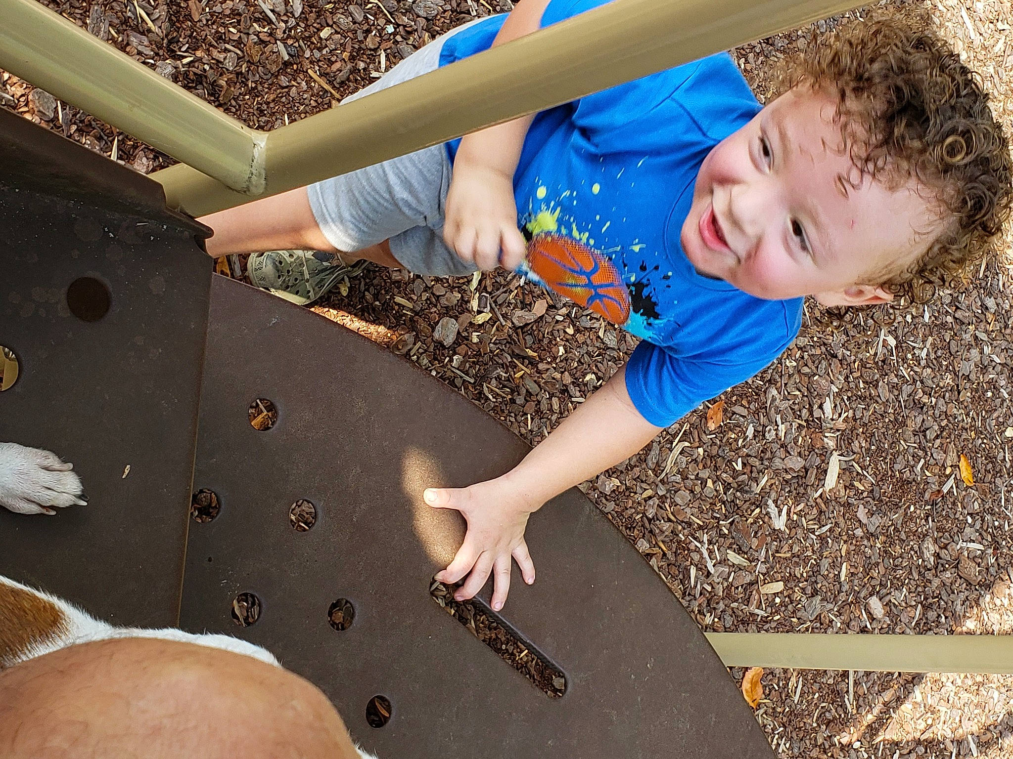 Cohen joined the competition — help win amazing prizes! arm, child, electric_blue, finger, flooring, fun, grass, leisure, metal, nail, pattern, people_in_nature, person, play, recreation, soil, t_shirt, toddler, wood, wood_stain