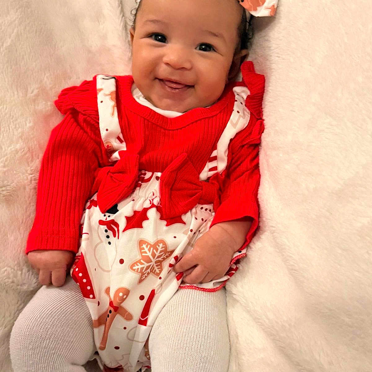 Amalise joined the competition — help win amazing prizes! baby, blanket, bow, child, cozy, cute, festive, happy, headband, holiday_outfit, indoor, infant, person, portrait, red_clothing, sitting, smile, soft_texture, warm, white_tights