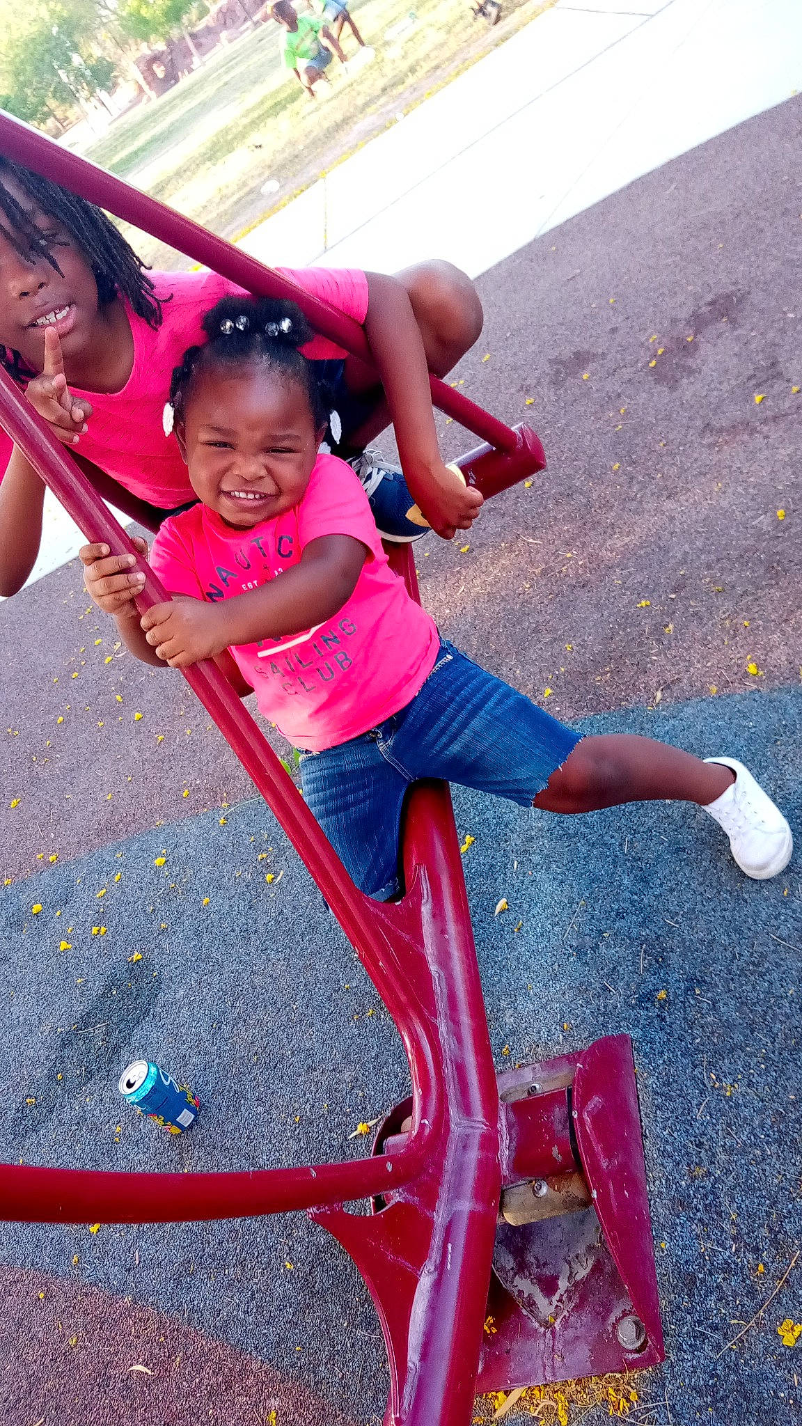 Ava joined the competition — help win amazing prizes! child, cool, fun, happy, joy, knee, leg, leisure, magenta, outdoor_play_equipment, outdoor_recreation, person, public_space, recreation, sandal, shorts, smile, sneakers, t_shirt, thigh