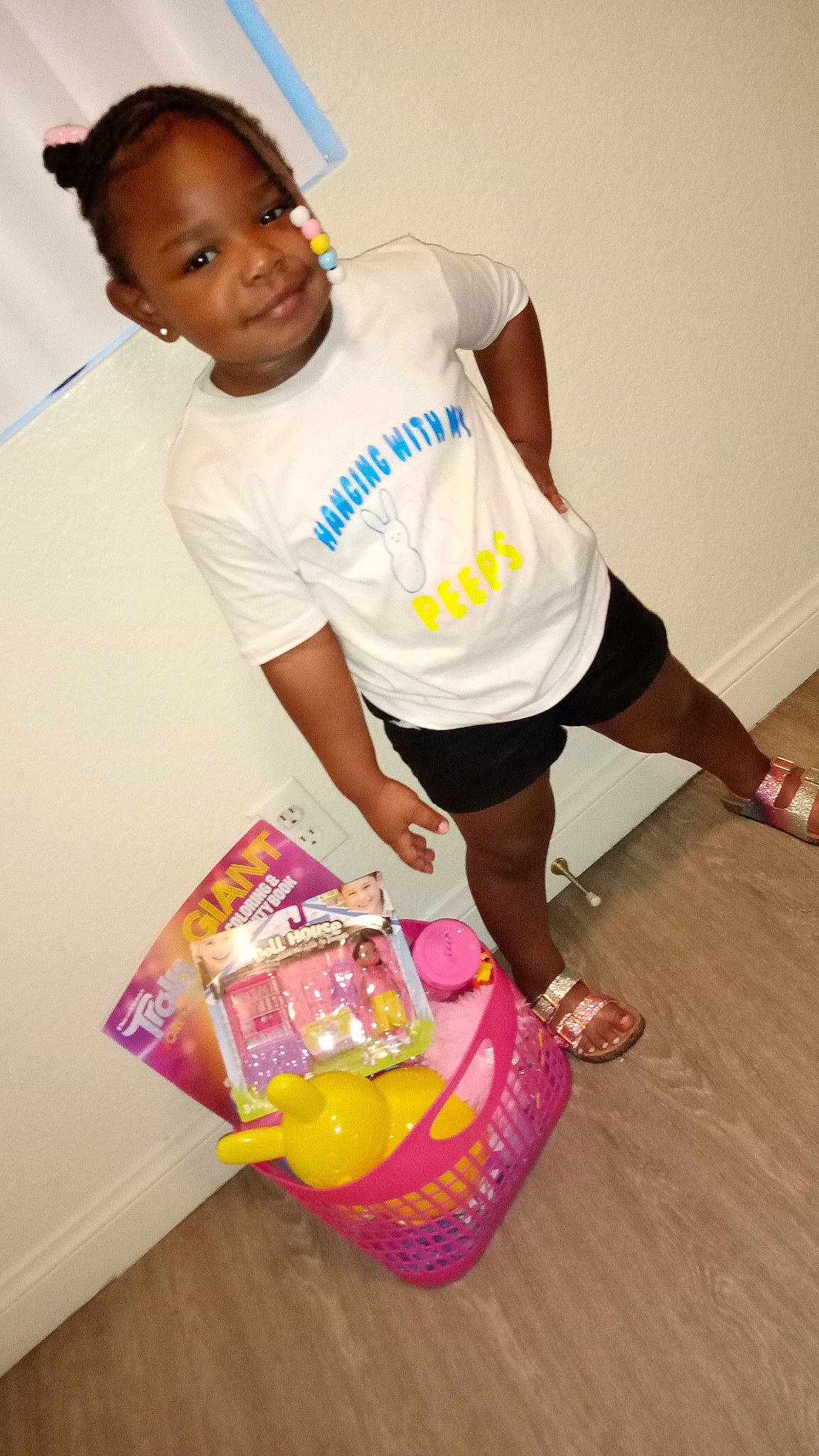 Ava joined the competition — help win amazing prizes! bag, balloon, child, floor, flooring, fun, happy, human_leg, joy, leg, leisure, magenta, person, sandal, shorts, skin, sleeve, t_shirt, thigh, toddler