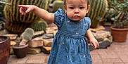 Addy is registered to the contest to win money with this photo: child, toddler, girl, dress, blue_dress, socks, pigtails, hair_bows, cactus, succulent, greenhouse, plants, pottery, brick_pavers, portrait, standing, pointing, serious_expression, potted_plant, blurred_background