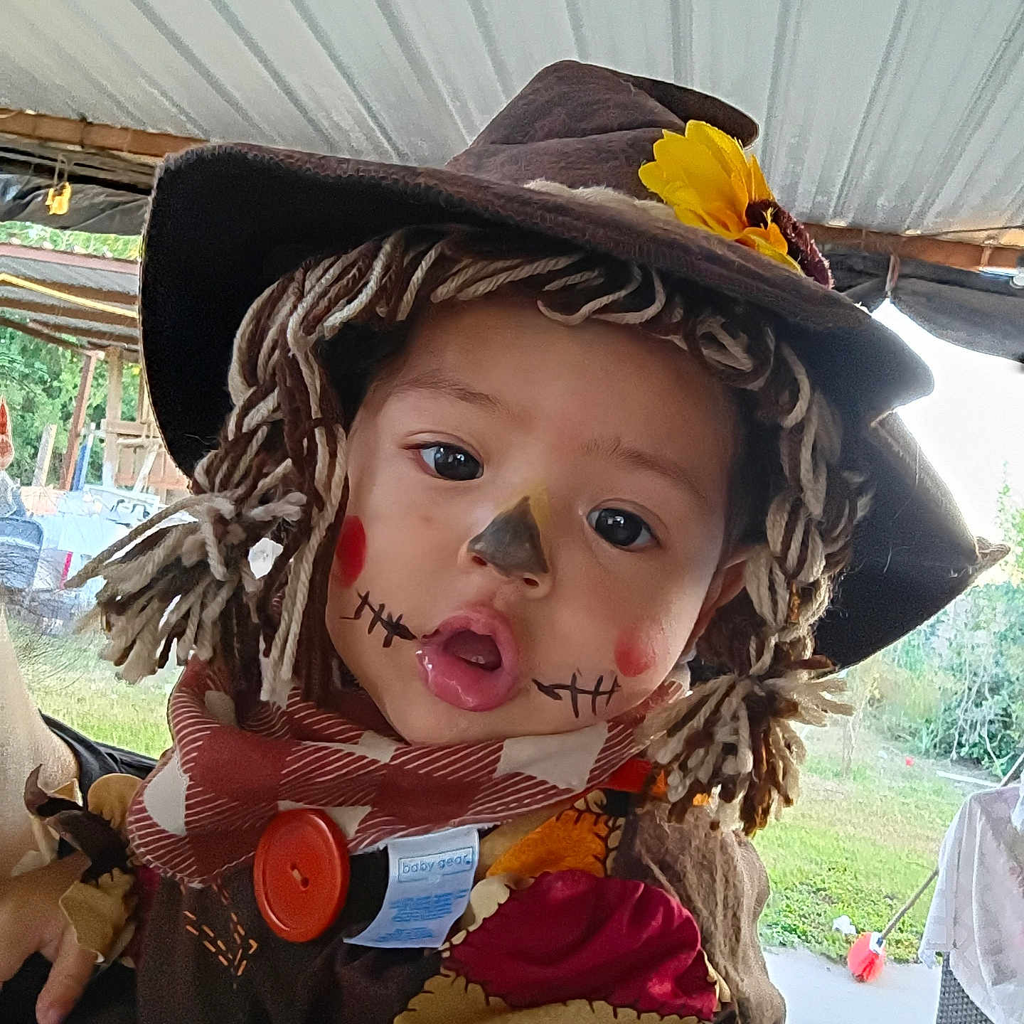 Francia Adalet is registered to the contest to win money with this photo: baby_gear_tag, child, costume, curious, cute, dress_up, face_paint, fall, festival, flower, hand, hat, headwear, holiday, outdoor, person, portrait, scarecrow, toddler, yarn_hair