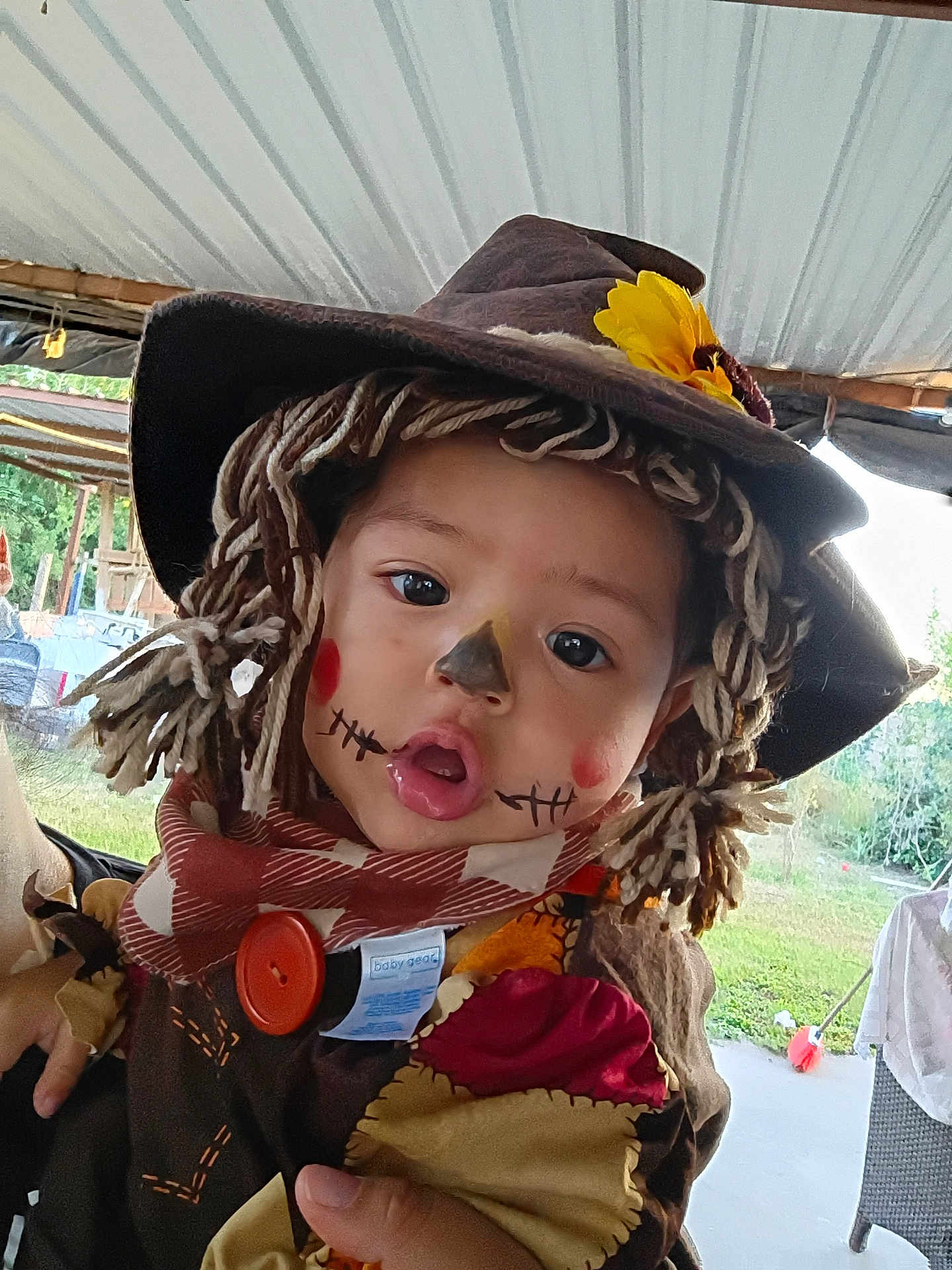 Francia Adalet is registered to the contest to win money with this photo: child, toddler, costume, scarecrow, face_paint, hat, yarn_hair, flower, outdoor, curious, baby_gear_tag, hand, person, portrait, fall, festival, cute, dress_up, holiday, headwear