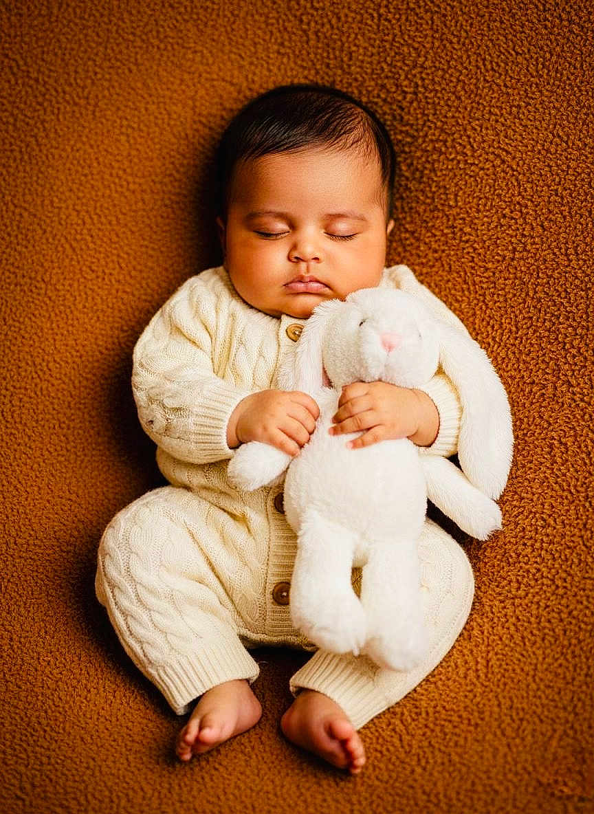 Eshank joined the competition — help win amazing prizes! baby, sleeping, stuffed_animal, bunny, knitwear, cozy, brown_background, infant, cute, child, soft_texture, peaceful, hands, feet, portrait, indoors, warm_colors, plush_toy, toddler, resting