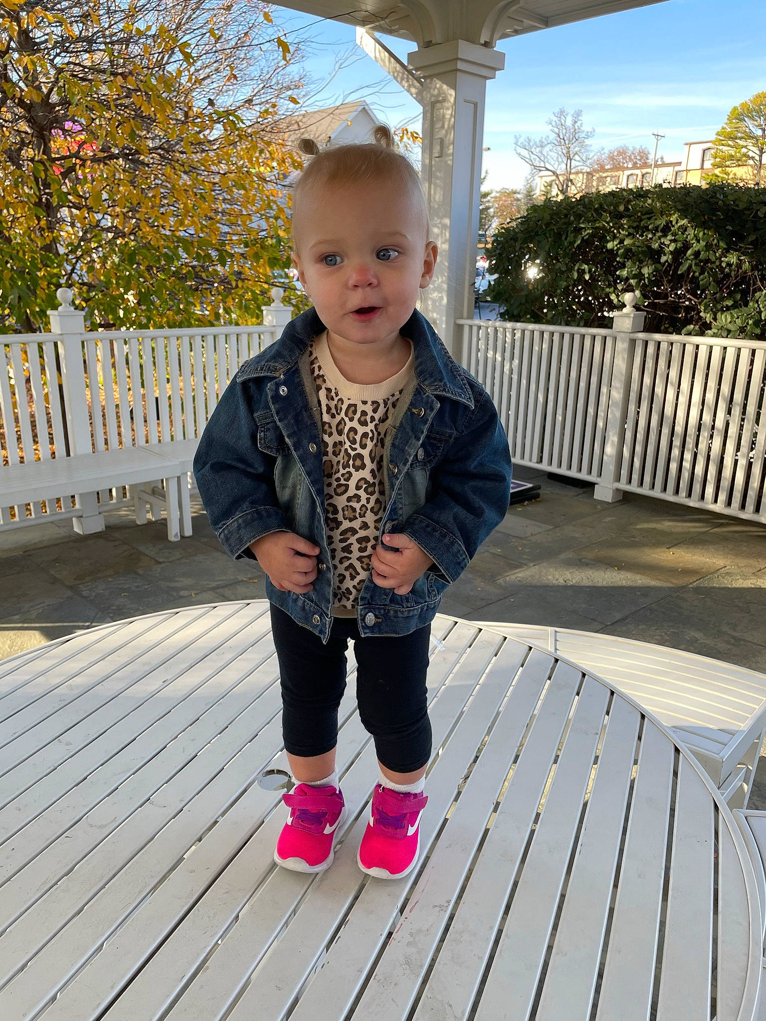 Iliana joined the competition — help win amazing prizes! baby, baby_toddler_clothing, child, composite_material, fence, grass, happy, leisure, magenta, outerwear, pattern, person, pink, sky, sleeve, street_fashion, t_shirt, toddler, tree, white