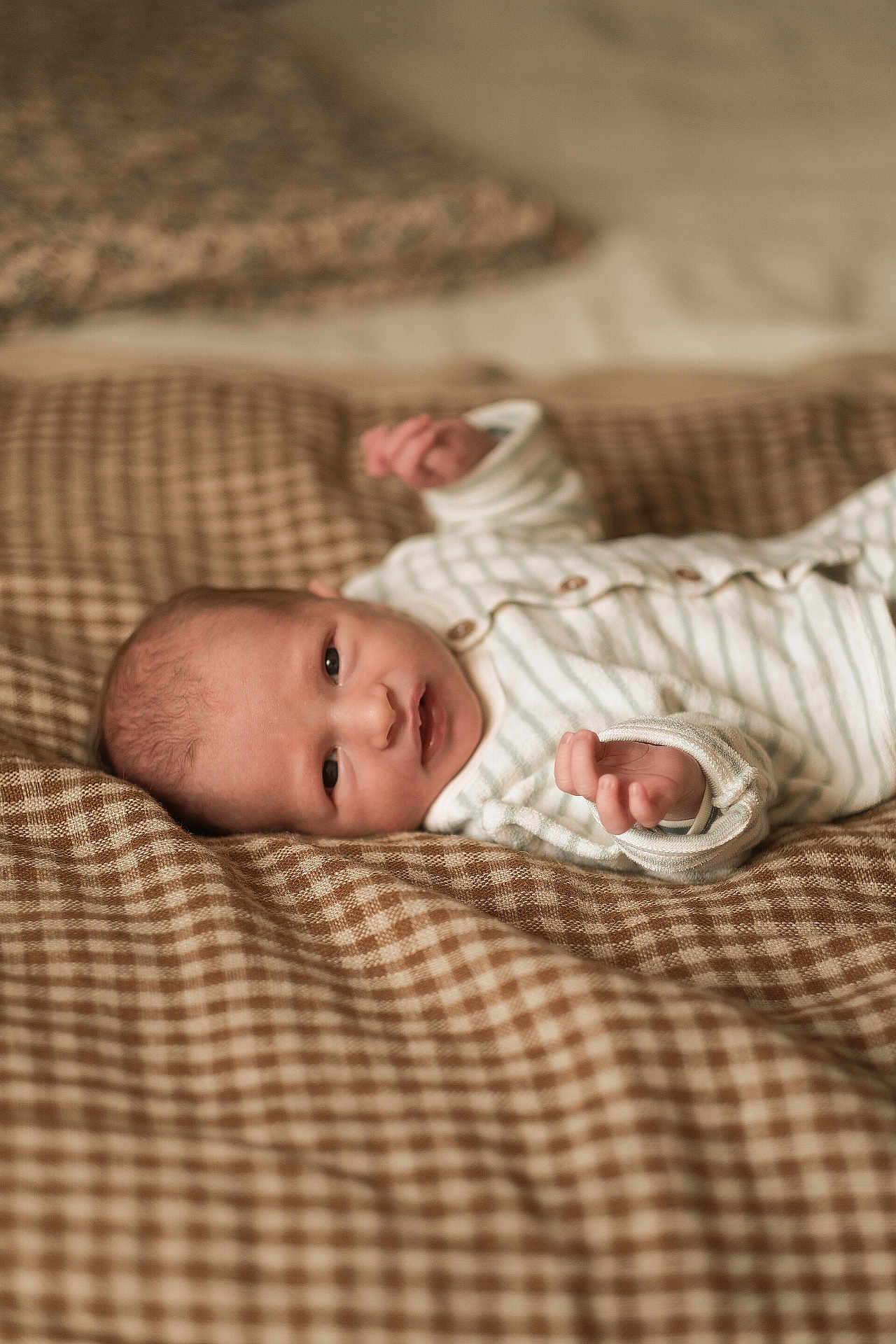 Fanch a rejoint le concours — aidez-le/la à gagner de superbes lots ! baby, infant, newborn, striped_onesie, blanket, checkered, soft_texture, lying_down, curious, hands, face, portrait, cozy, warm, indoor, closeup, cute, comfort, sleepwear, resting