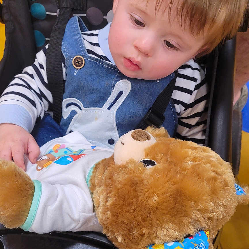 Hudson is registered to the contest to win money with this photo: toddler, child, baby, stroller, teddy_bear, stuffed_animal, sitting, portrait, face, blonde_hair, curious, clothing, striped_shirt, overalls, indoor, colorful, toy, chair, looking_down, cute
