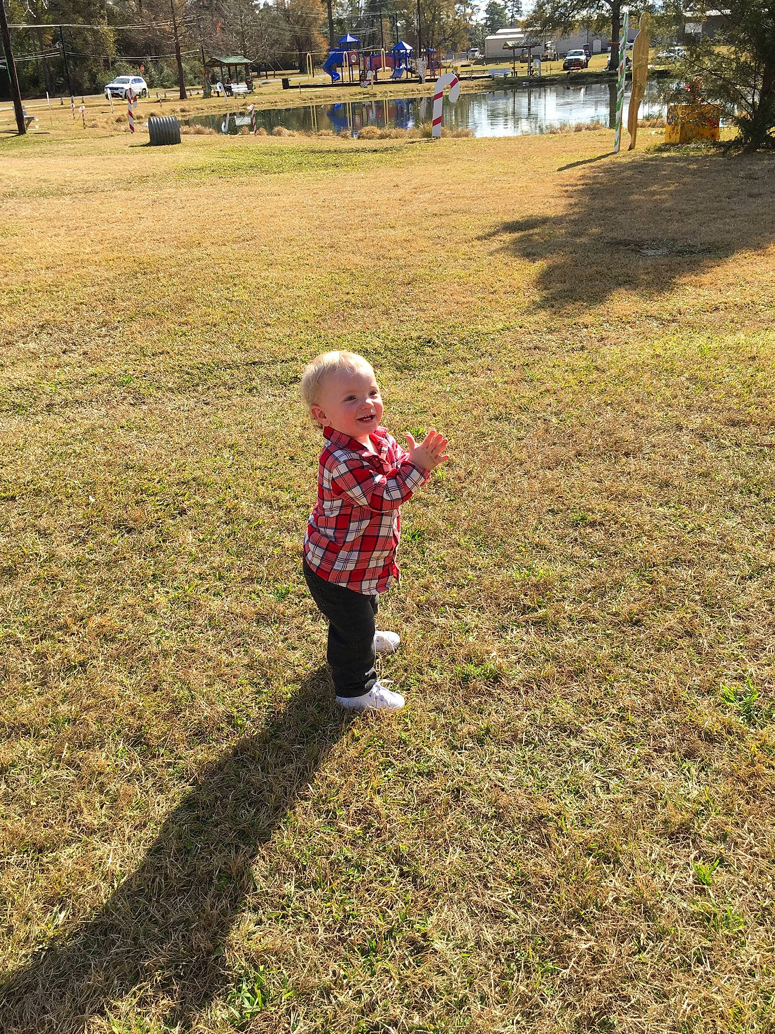 Preston is registered to the contest to win money with this photo: child, fun, grass, lawn, leaf, park, person, plant, play, recreation, shadow, sky, soil, spring, toddler, tree, vacation, walking