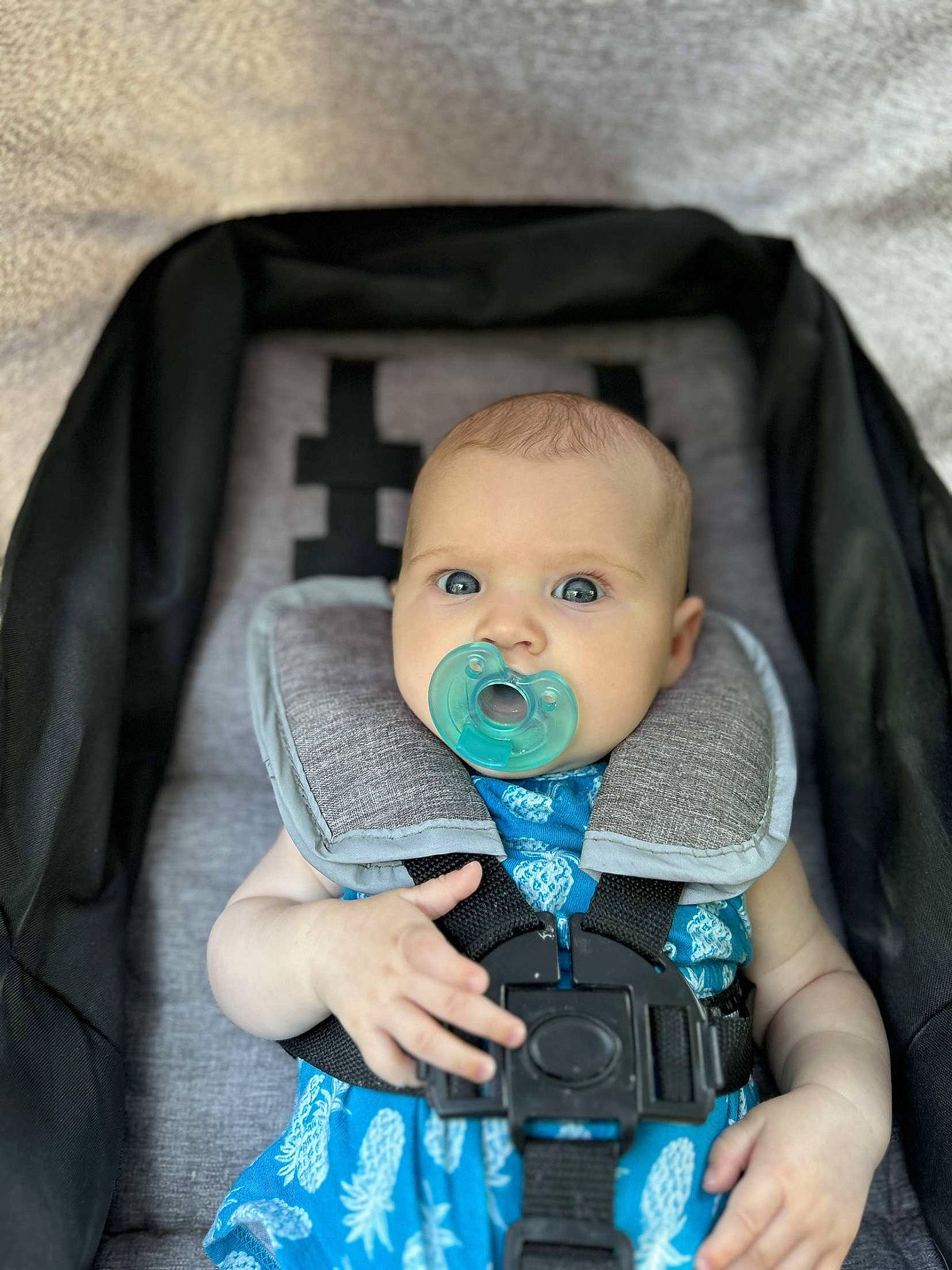 Juniper is registered to the contest to win money with this photo: baby, baby_carriage, baby_in_car_seat, baby_toddler_clothing, car_seat, cheek, child, comfort, electric_blue, eye, finger, hand, head, headgear, infant_bed, iris, outerwear, person, product, seat_belt