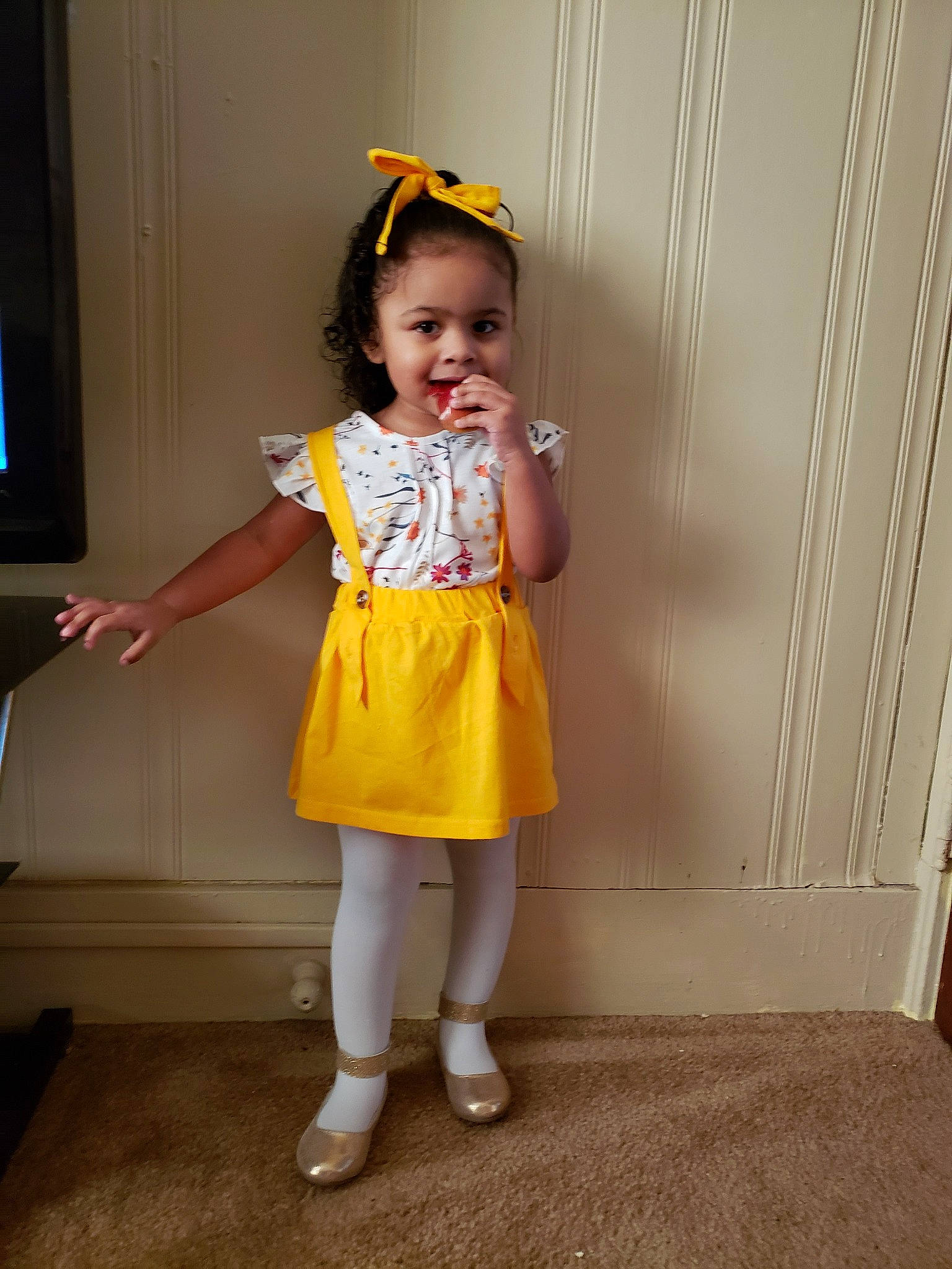 Aolani joined the competition — help win amazing prizes! baby_toddler_clothing, child, clothing, costume, dress, joy, pattern, person, standing, toddler, yellow