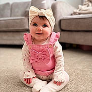 Mabel is registered to the contest to win money with this photo: baby, bow, carpet, child, couch, cozy, cute, furniture, happy, headband, home, indoor, infant, pink_clothing, portrait, sitting, smiling, soft_light, toddler, young_child