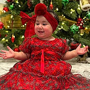 Raizel joined the competition — help win amazing prizes! baby, child, red_dress, headband, pom_pom, christmas_tree, ornaments, lights, holiday, festive, smiling, carpet, indoor, happy, celebration, toddler, holiday_decor, seasonal, portrait, cute