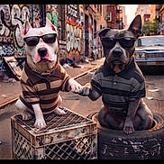 Bandit And Bullet joined the competition — help win amazing prizes! alley, animal, attitude, canine, car, clothing, cool, crate, dog, fashion, friendship, graffiti, outdoor, pets, portrait, posing, street, sunglasses, tire, urban