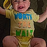 Davina joined the competition — help win amazing prizes! baby, infant, smiling, yellow_onesie, clothing, happy, face, arms, legs, lying_down, text, colorful_letters, fabric, skin, person, cute, joy, indoors, child, newborn