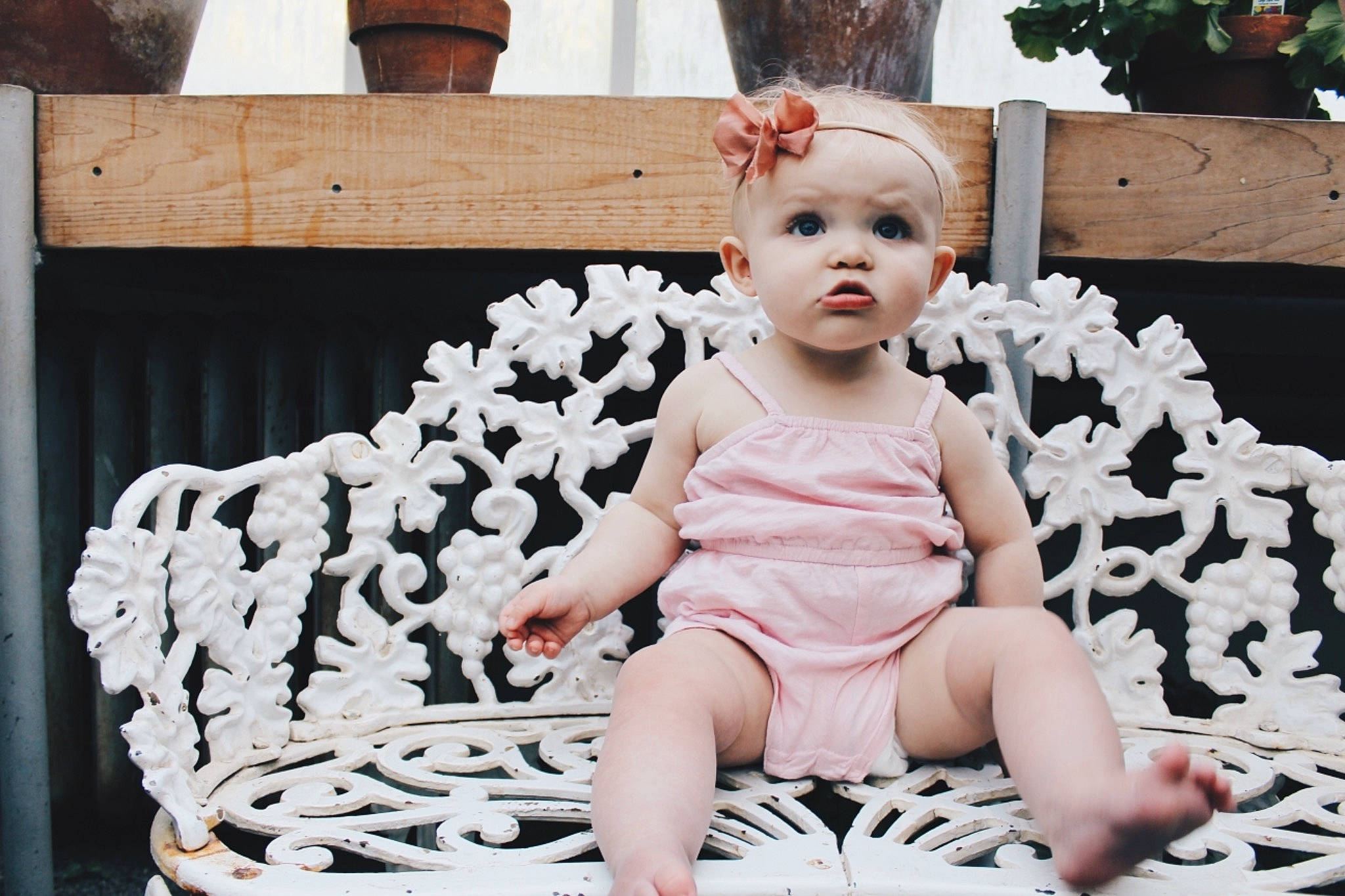Monroe joined the competition — help win amazing prizes! baby, baby_toddler_clothing, cheek, child, child_model, crochet, dress, face, fashion_accessory, furniture, hair_accessory, head, headgear, joint, lace, person, plant, product, sitting, textile