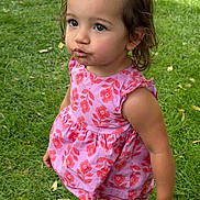 Julieta is registered to the contest to win money with this photo: toddler, child, girl, pink_dress, floral_pattern, grass, outdoor, cute, pout, curious, portrait, summer, nature, playful, young_child, person, barefoot, daylight, expression, short_hair